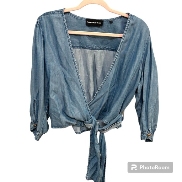 The Kooples Jeans Chambray Wrap Top Size 2 GUC Small Stain B0413 - Picture 1 of 10